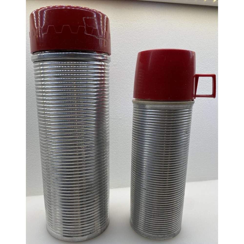Vintage Thermos Vacuum Bottle 5486 & 2264 ~Ribbed Aluminum ~ Quart & Pint